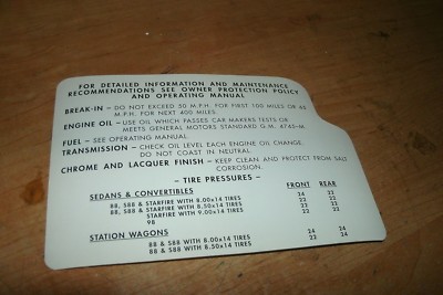 1962 OLDSMOBILE STARFIRE 88 98 EIGHTY-EIGHT NINETY-EIGHT TIRE PRESSURE DECAL