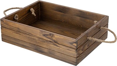 Countertop Brown Wood Decorative Storage Box w/ Carrying Handles, Wooden Crate