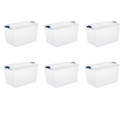   66 Quart Clear Plastic Storage Container with Latch Lid, Blue, 6 Count