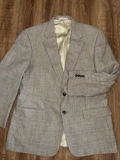 Oliver Sport Coat Mens 44R Tan Blue Glen Plaid Blazer Wool Linen Silk USA Made