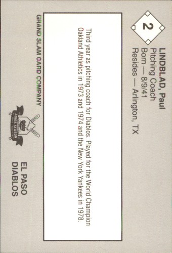 Paul Lindblad 1989 Grand Slam El Paso Diablos #2 RC El Paso Diablos ** - Picture 2 of 2