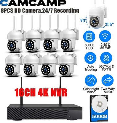 CAMCAMP CCTV Camera Systems Wireless 16CH 4K NVR 8PC PTZ WiFi Cameras 2Way Audio