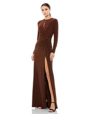 Mac Duggal Size 2 Brown 55708 Long Sleeve Keyhole Draped Maxi Jersey Gown Dress