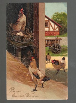 E418 Easter Antique Postcard PFB Rooseter Hen Chicken Nest Eggs Barn Farm