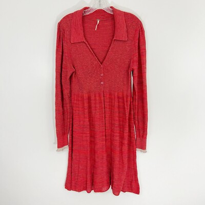 Free People Red Rain or Shine Knit Mini Dress Collared Sweater Size Large |  eBay