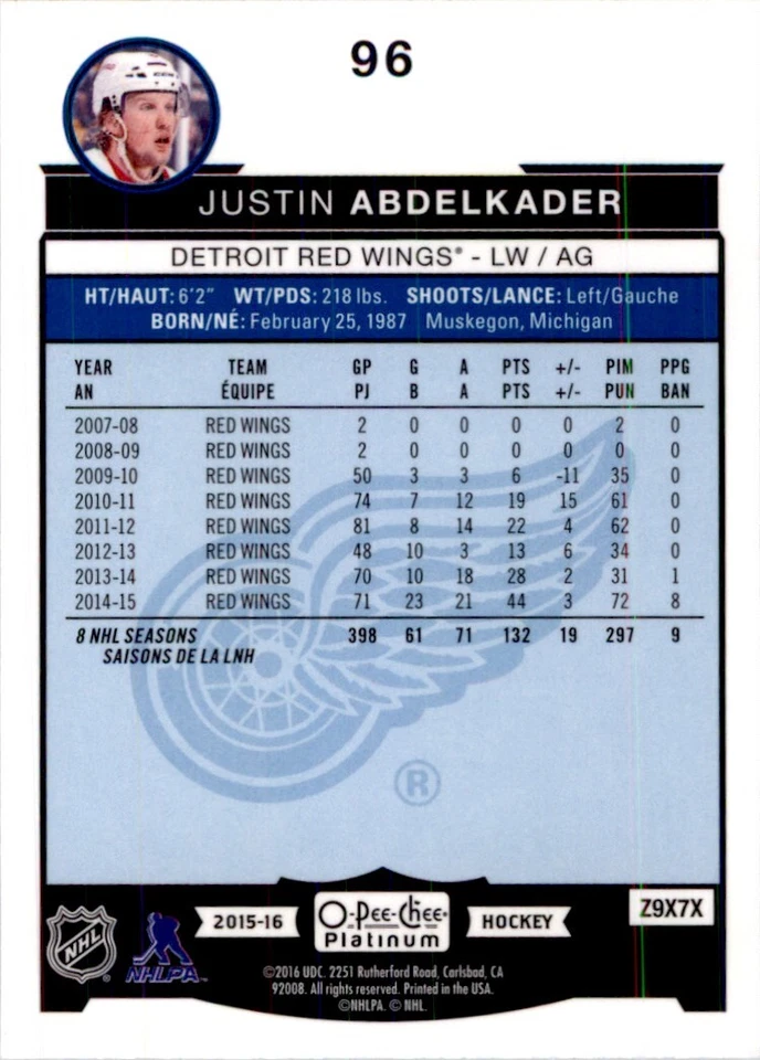 2015-16 O-Pee-Chee Platinum Justin Abdelkader Detroit Red Wings #96 - Image 2 of 2