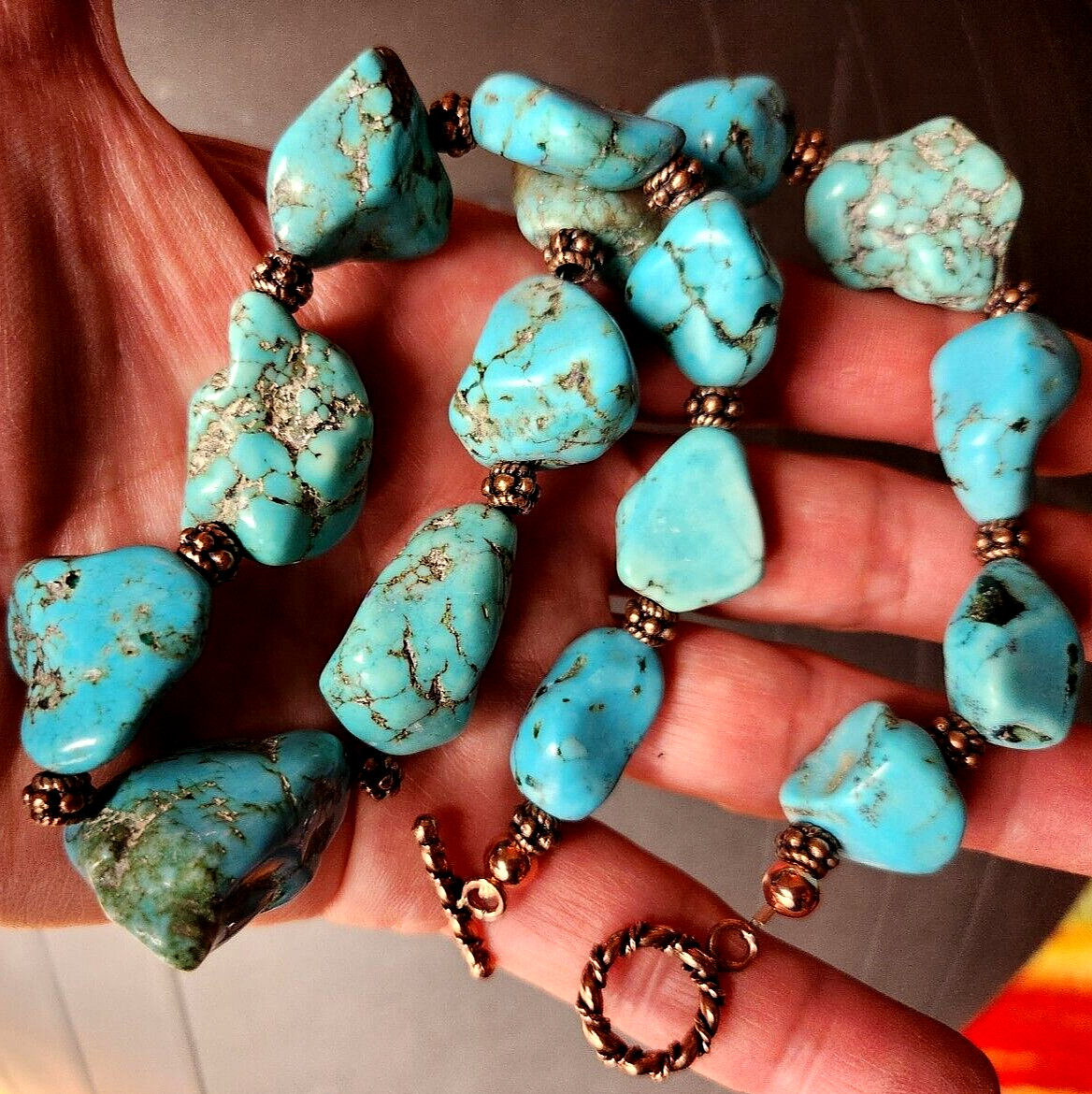 Vintage Turquoise Beaded Solid Copper Western Tog… - image 1