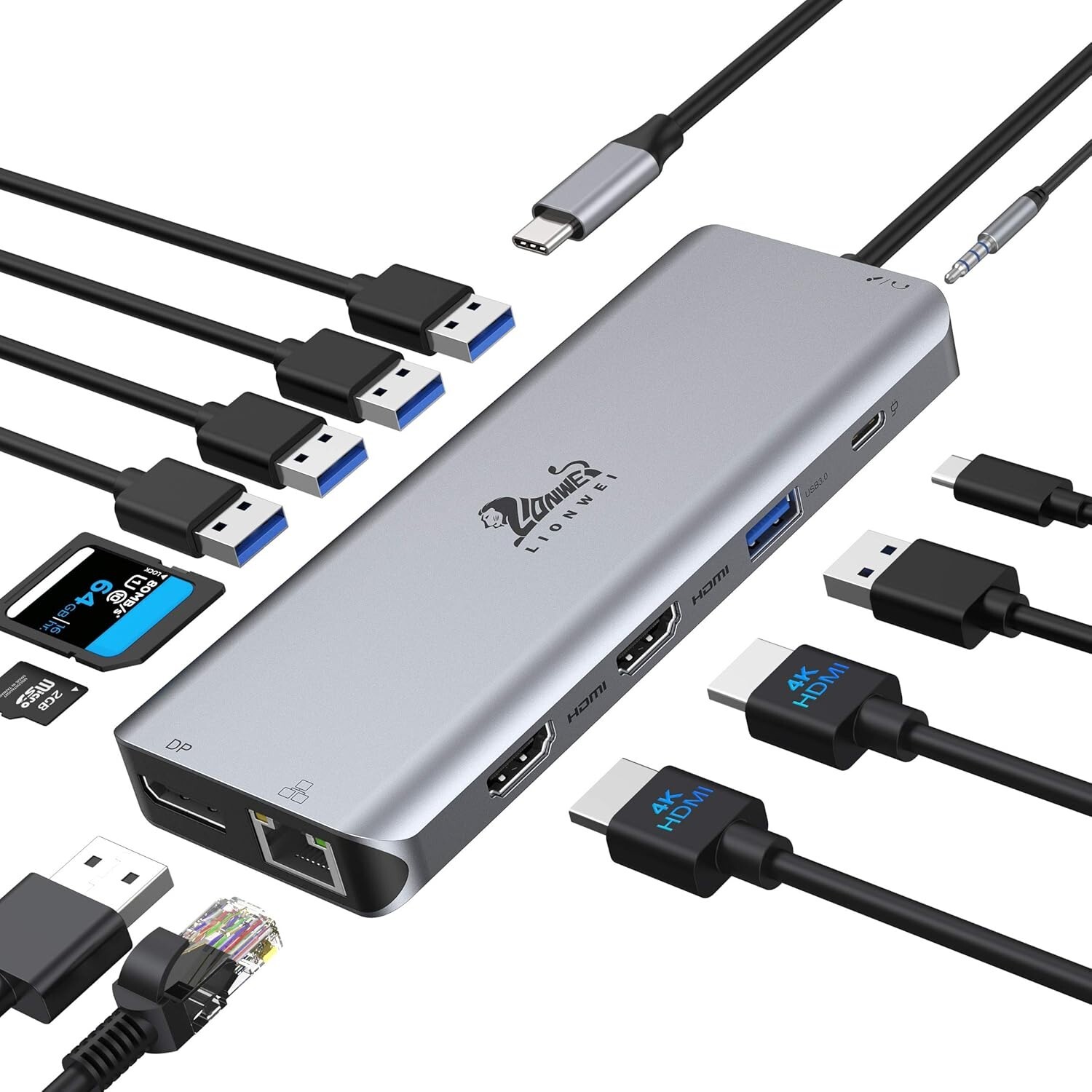 Dual Monitor USB C Hub: 13 Ports with 4K HDMI, Ethernet & Fast Charging Support