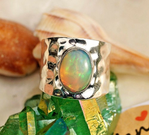 Art Design Breit 925er Silber Ring Opal Multicolor 54 55 56 58 60 Hammerschlag - Bild 4 von 12