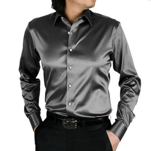 Mens Satin Silk-like Long Sleeve Shirt 