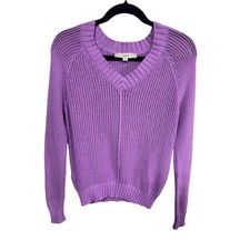 LOFT V-Neck Sweater Women's Open Stitch Knit Cozy 100 Cotton Purple Small New