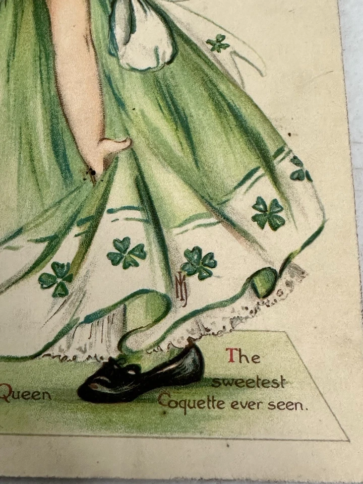 Tarjeta postal de San Valentín 1911 trébol reina niña en vestido verde Ernest Nister E.P. Du Foto 3 de 4