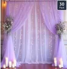30x8ft Purple Tulle Backdrop Curtain with Lights String for Parites, Sheer Photo