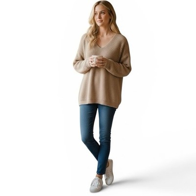 Jenni Kayne Shaker Stitch Cabin V-Neck Sweater in Oatmeal Size XS