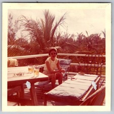 Vtg Color Snapshot Woman Sunglasses Patio Deck Drinks Palm Trees Tropical 1960s