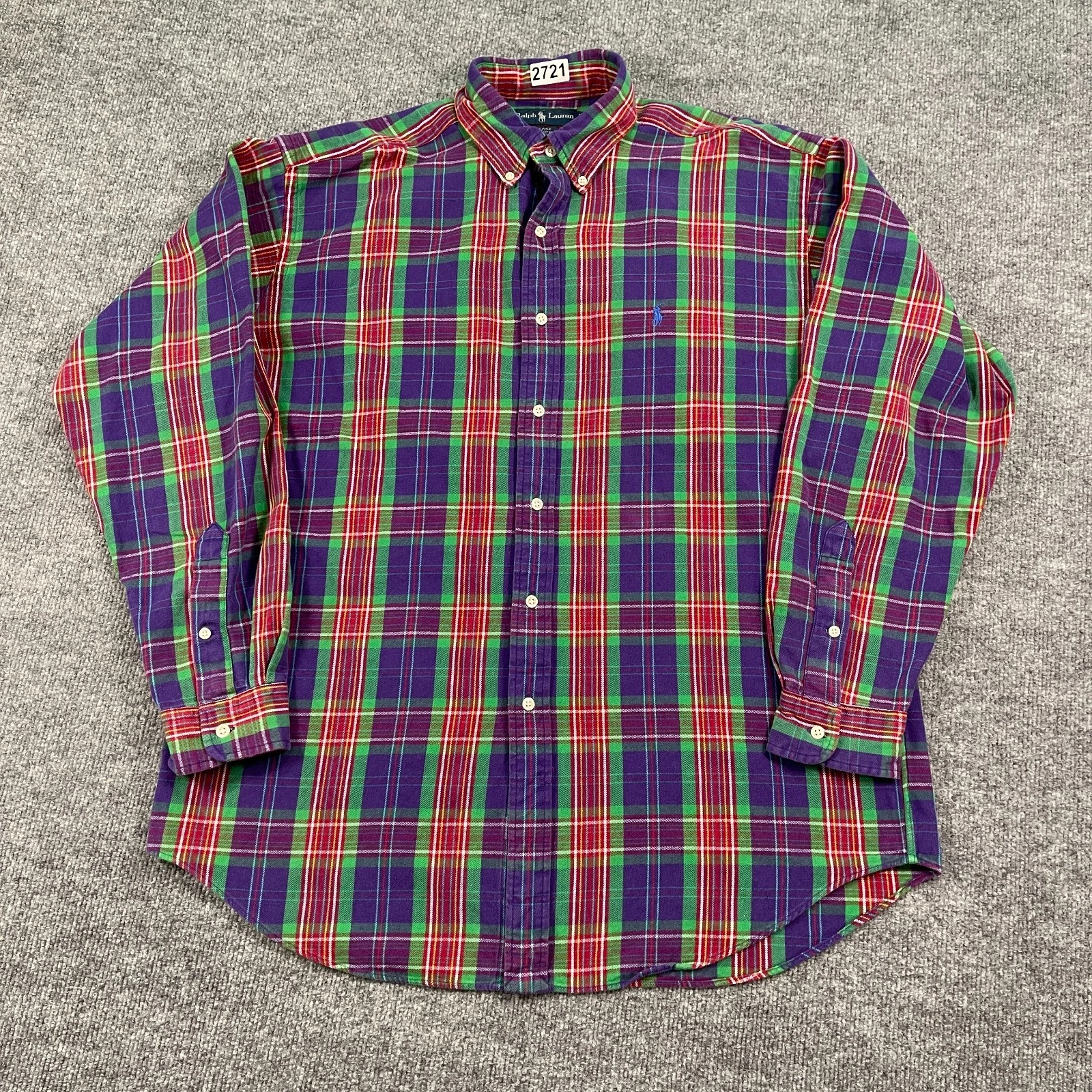 Ralph Laruen Blake Plaid Relaxed Button Down Shirt Large 26x33 Blue Red Green