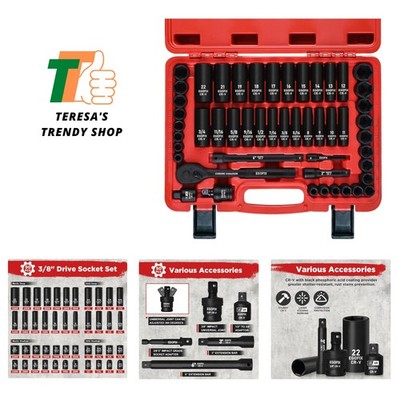 3/8'' Drive Impact Socket Set, 50 Piece Standard SAE 5/16 to 3/4 inch and Metr...