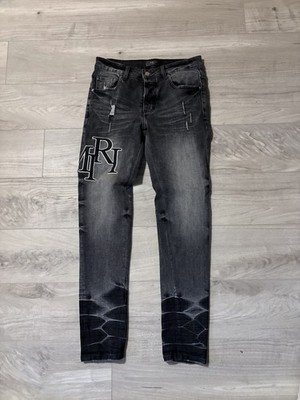 AMIRI Mens Staggered Logo Jeans Storm Grey Sz 30