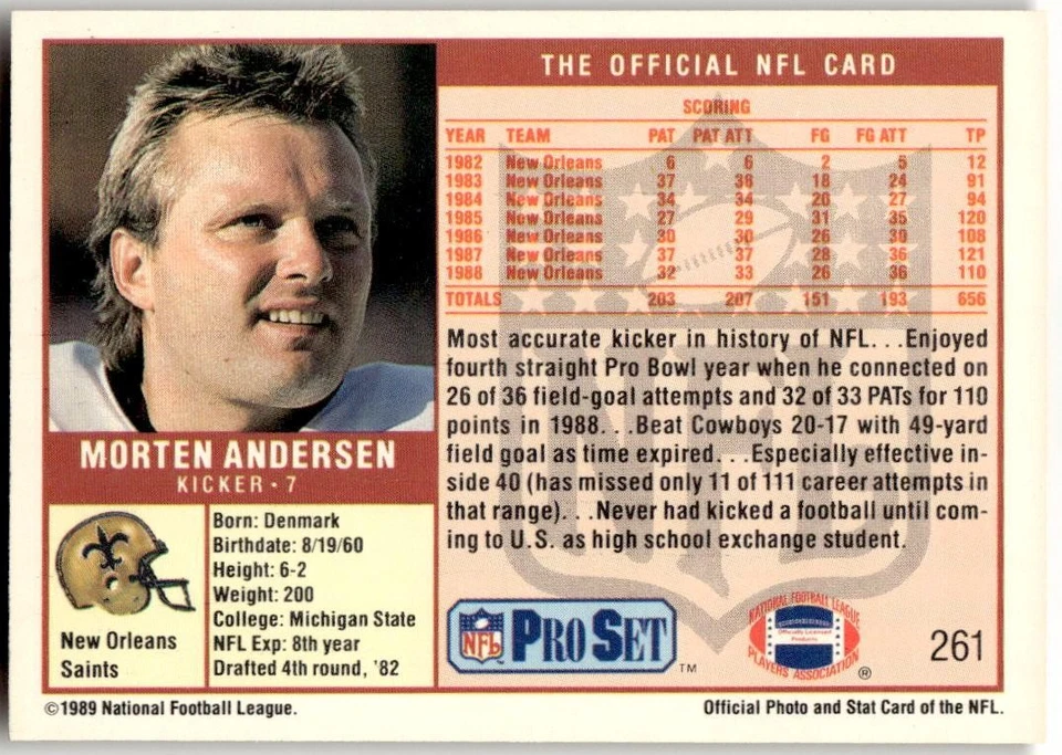 1989 Pro Set #261 Morten Andersen - Image 2 of 2