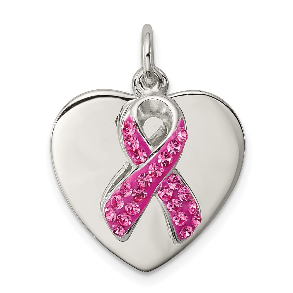 Sterling Silver Stellux Pink Awareness Ribbon w/ Heart Pendant 3.9gm L-0.79 Inch