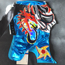 Wrestling Full Face Fabric Mask w/ Adjustable Ties, Blue/Black/White Semi-Pro