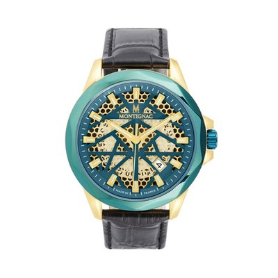 MONTIGNAC MOW806 Genuine Leather Black Gold Green Men's Watch