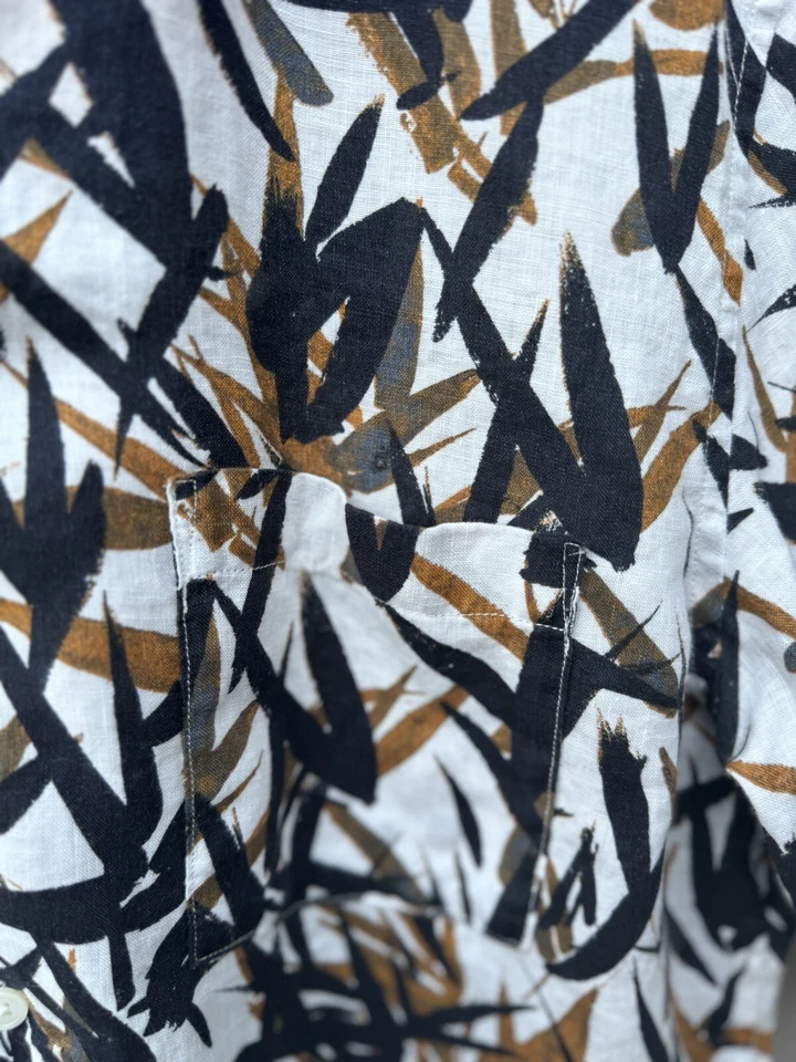 Theory Daze P Pinal Blue Tan Men's Button Up Camp Shirt Short Sleeves Linen - Image 3 of 4