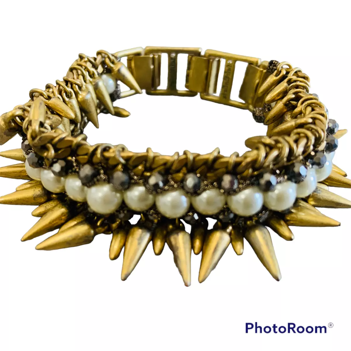 Stella and Dot Bracelet Jacinthe Antique Gold Tone Spikes Faux Pearl Hematite