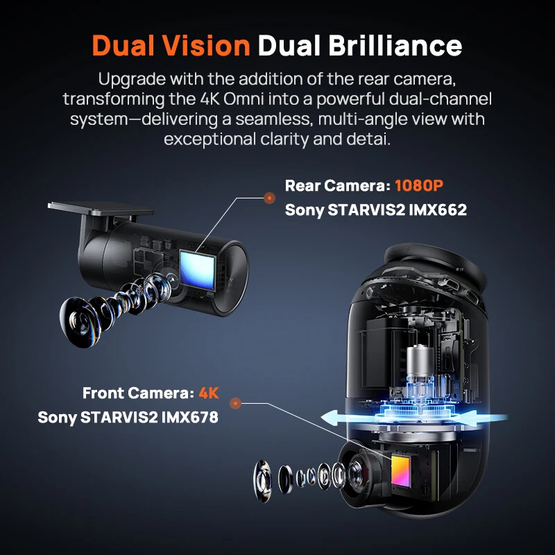 Dash Cam 4K Omni X800 HDR 360° Rotating Dual-Channel 4G fit for