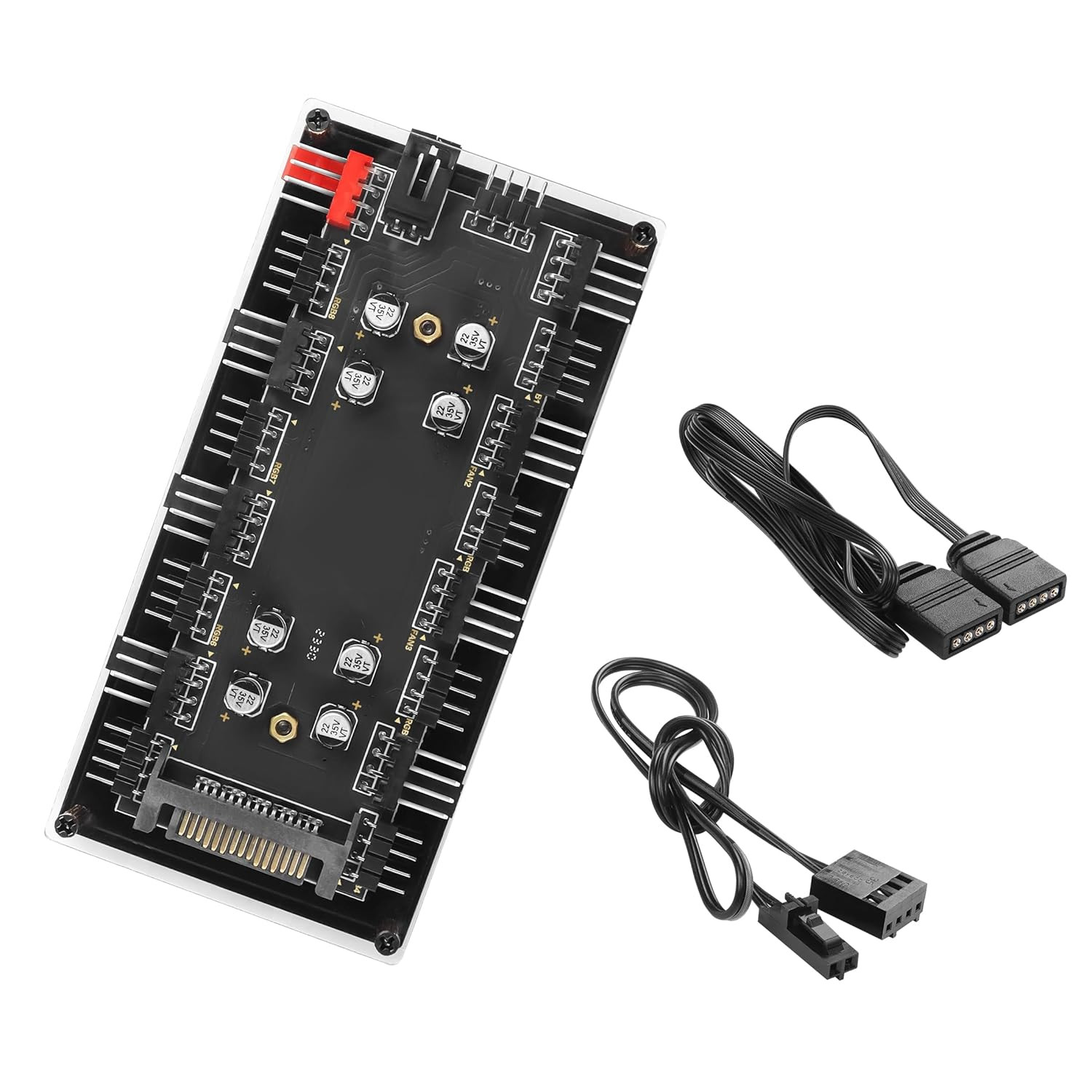 YACSEJAO Case Fan Hub, 12V 4Pin PWM + 4Pin RGB 2 in 1 Controller with SATA Power