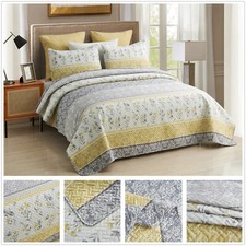 Farmhouse Quilt Set Lightweight Reversible Bedspread Grey  Yellow Coverlets Bed