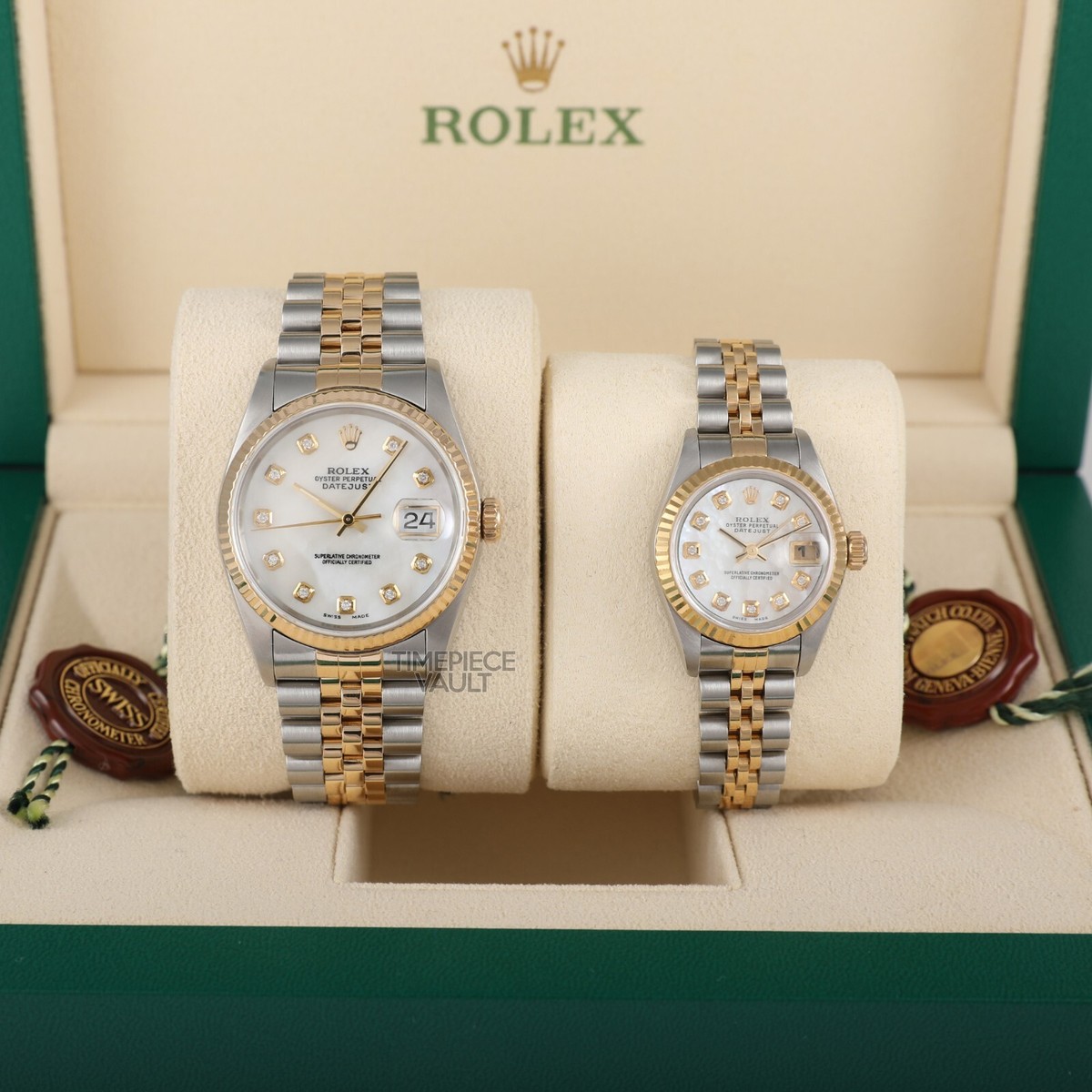 ROLEX HIS & HERS DATEJUST 18K GOLD & STEEL 36MM & 26MM WHITE MOP