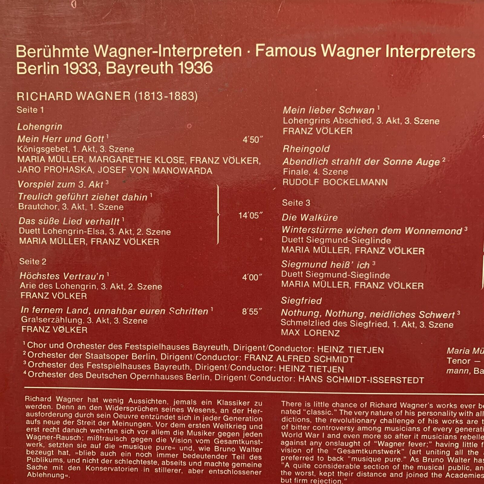 WAGNER - Famous Wagner Interpreters Berlin 1933 & Bayreuth 1936 -  TELEFUNKEN 2LP | eBay