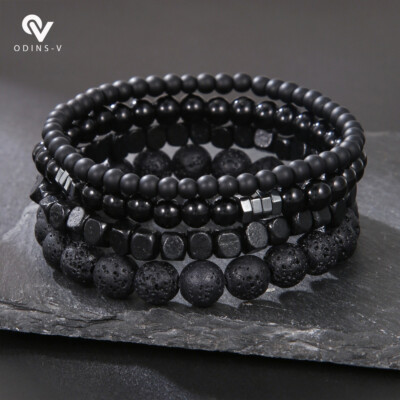 Herren Damen Edelstein Strang Armband Schwarz Magnet Lavastein Perlen 4 Schicht