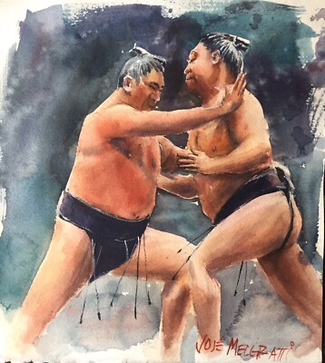 Watercolor Original Painting Sumo Contest 11'' x 10'' NOT A PRINT