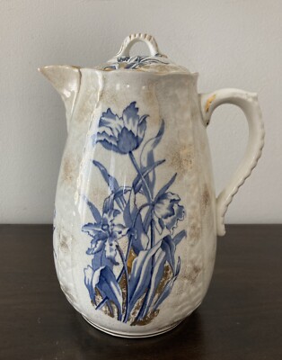 Ott & Brewer American Belleek Chocolate Pot - 1880s Blue & Gold Floral - O&B