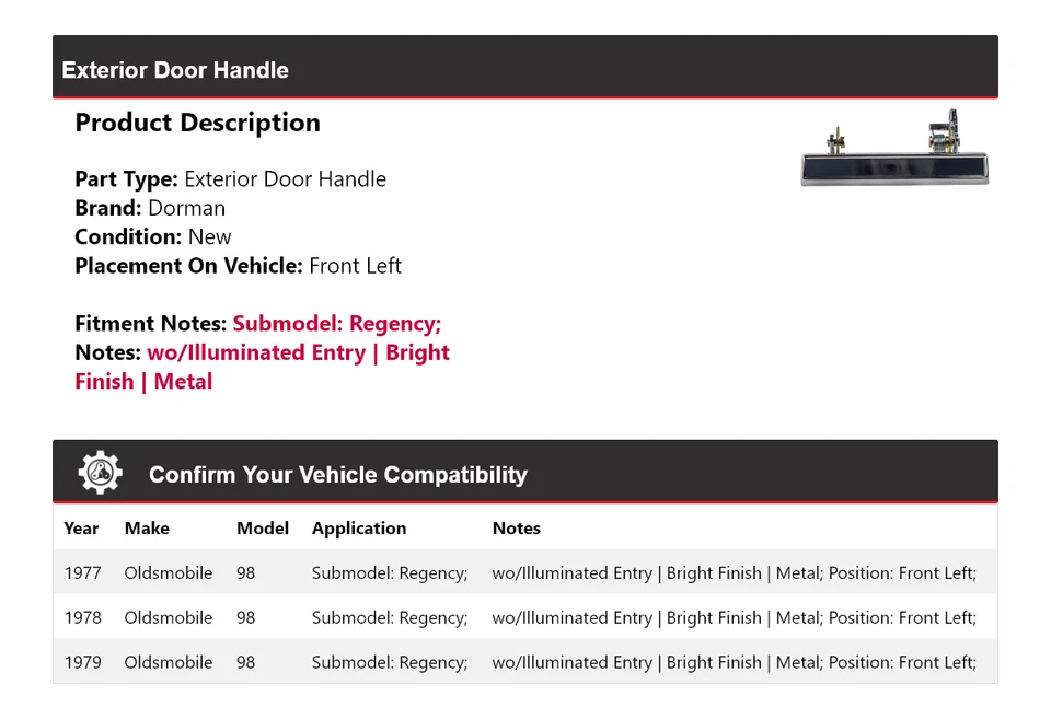 Manija de puerta exterior delantera izquierda 1978 para Oldsmobile 98 Regency Dorman 1977-1979 Foto 2 de 4
