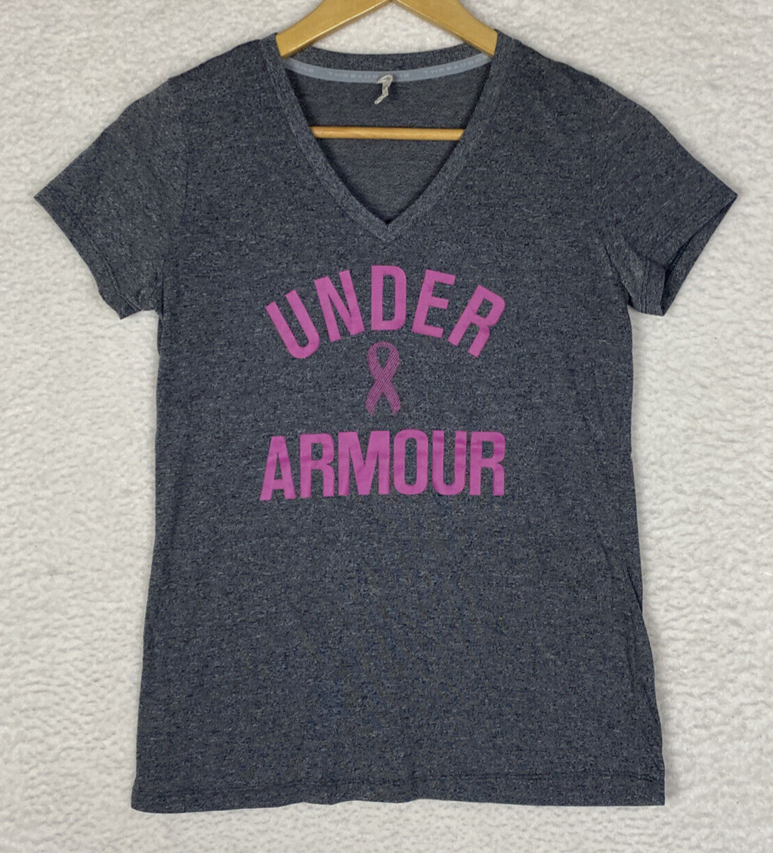 Under Armour Tee Womens XS Threadborne Breast Cancer V Neck Gray Pink Loose  Fit
