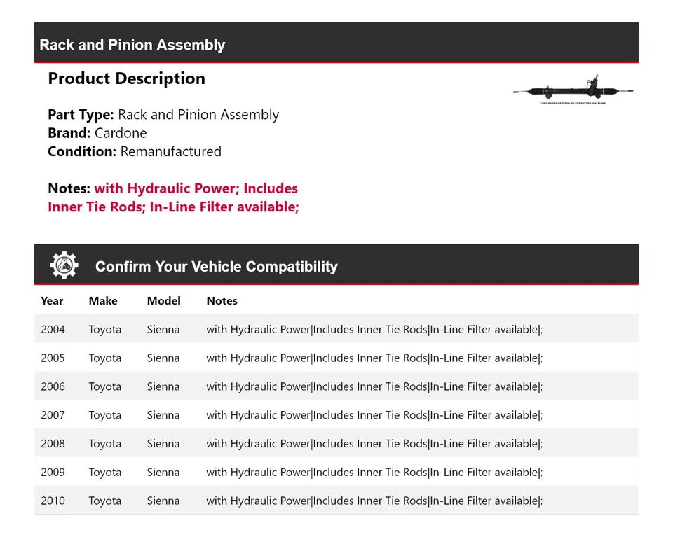 Montaje de piñón y cremallera para Toyota Sienna 2004-2010 Cardone 2005 2006 2007 2008 Foto 2 de 4