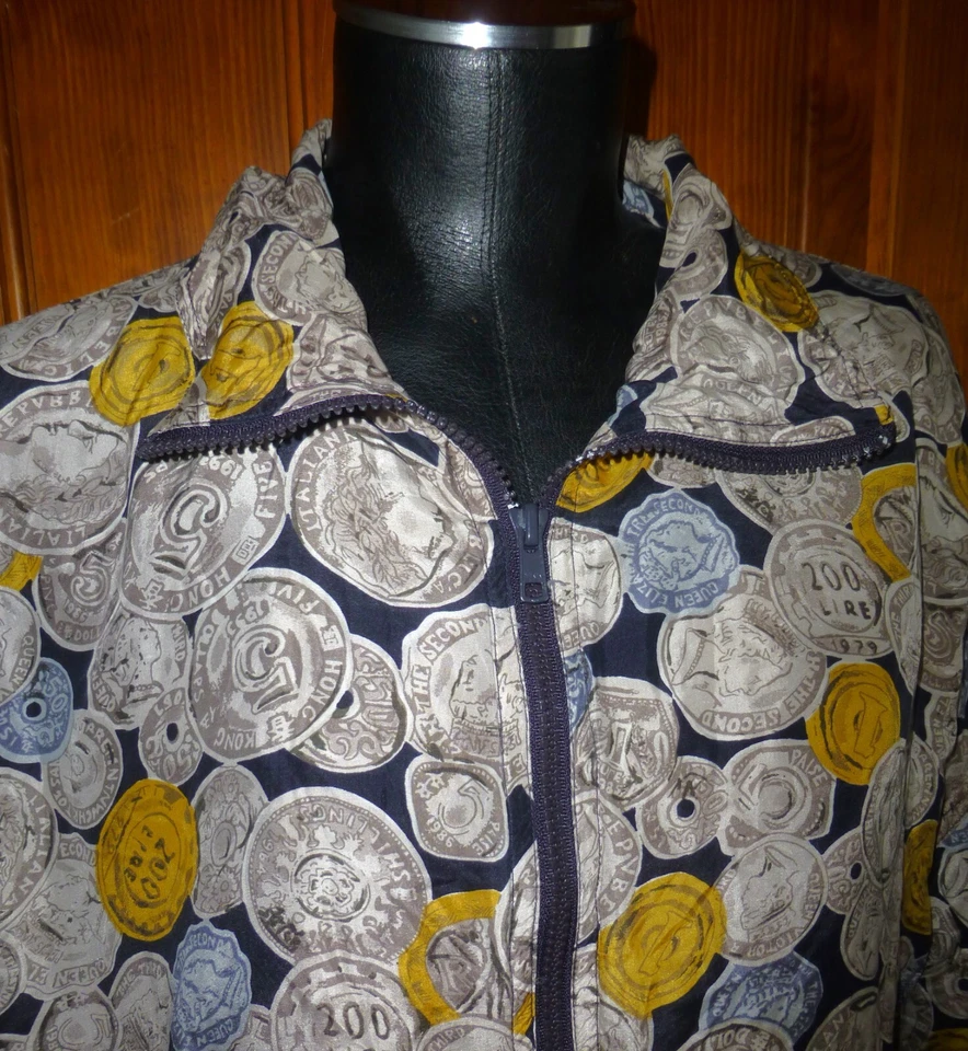 CHAQUETA DE COLECCIÓN AÑOS 90 ORO PLATA MONEDA DINERO IMPRESIÓN 100% SEDA BOMBARDERO HIP HOP CREMALLERA COMPLETA L Foto 3 de 4