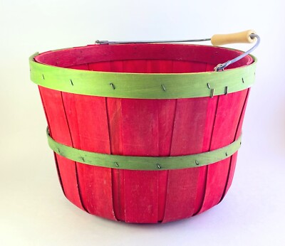 Primitive VTG Red Green Wooden Apple Picking Egg 1/2 Bushel Basket W/Handle