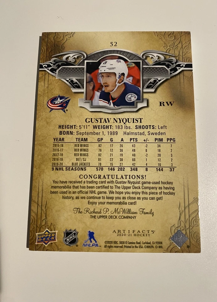 2020-21 Upper Deck Artifacts Material Emerald 2/65 Gustav Nyquist #52 - Image 2 of 2
