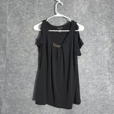 Susan Lawrence Cold Shoulder Women L Black Chain Neck Blouse 9770 Short Sleeve