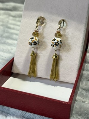 Handmade Calisa Design Brown Floral Porcelain Bead Earrings W Gold Tone Tassles