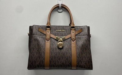 Michael Kors Brown Signature Monogram Hamilton Large Satchel Gold Hardware