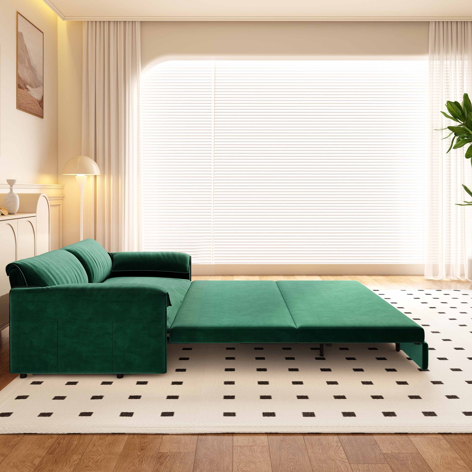 Queen Pull Out Sleeper Sofa Bed,Convertible Velvet Loveseat Couch w/Side Storage