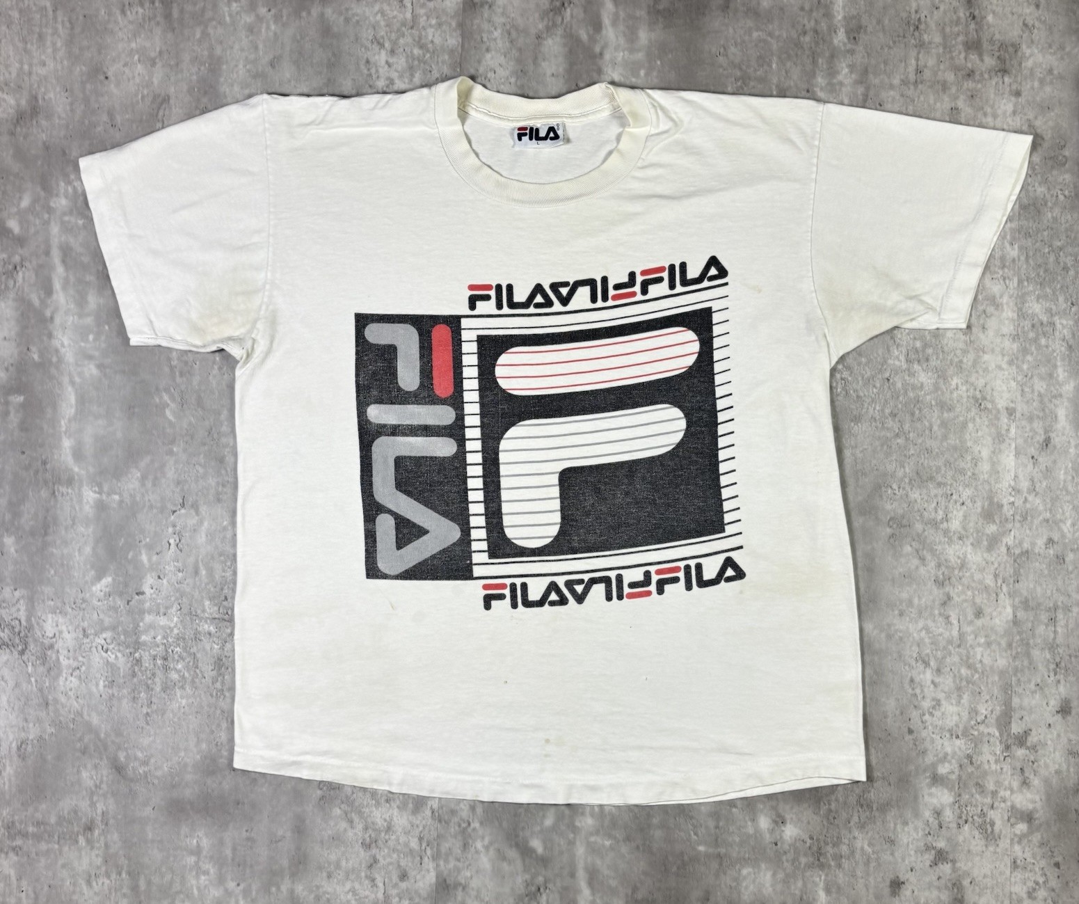 T shirt vintage Fila logo scritto grande stampa punto singolo taglia large anni 90