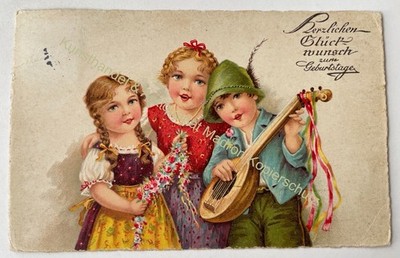 AK alte Postkarte Motiv Geburtstag um 1934 Tracht, Kinder, Musik, Gitarre