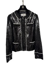 Stevie Mac New York Jacket Womens 10 Black Sequin White Trim Lined Made in USA