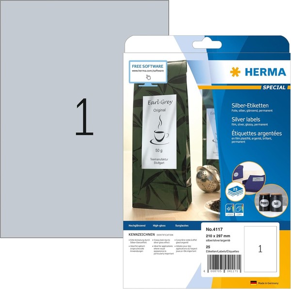 Herma 4117 Wetterfeste Folienetiketten Silber, 25 Blatt, 210 X 297 Mm, 1 Pro A4-image